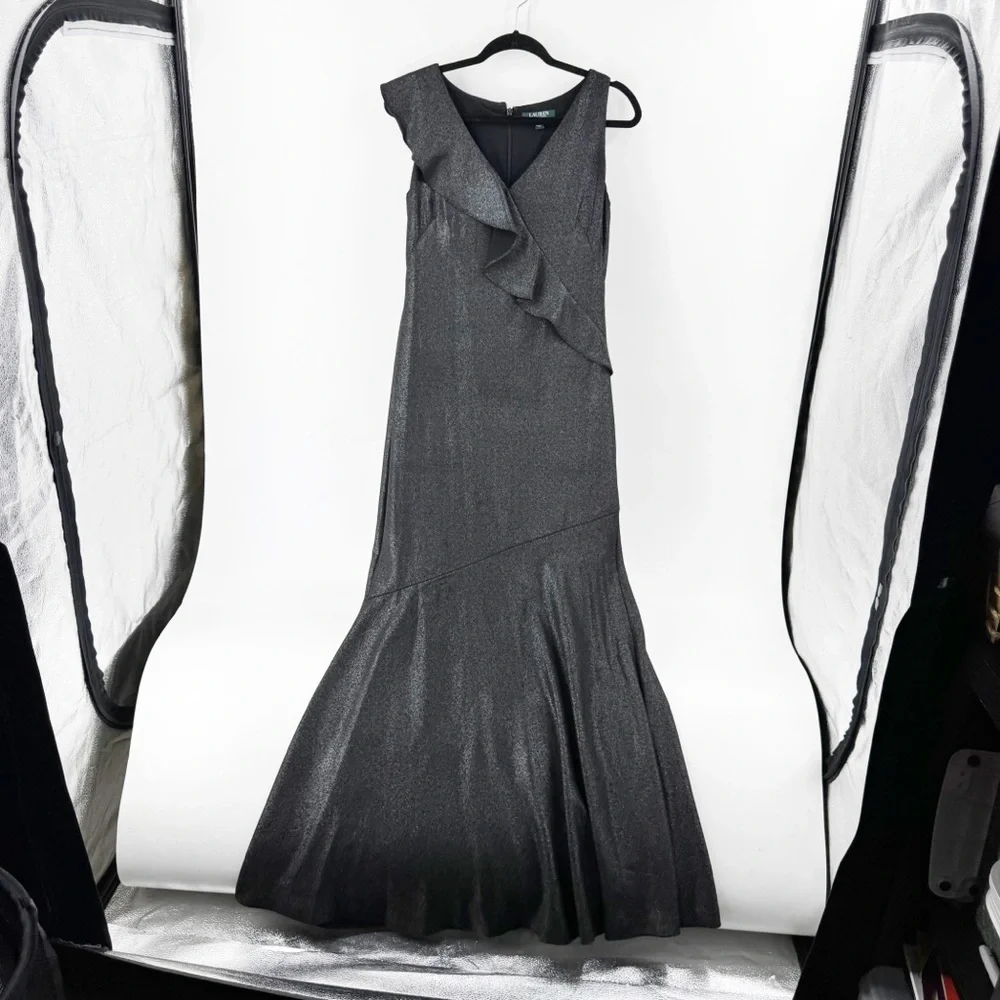✅ Lauren Ralph Lauren GREY/BLACK MAXI Metallic Ruffle-Trim Gown. Size 4 WEDDING - Picture 3 of 9